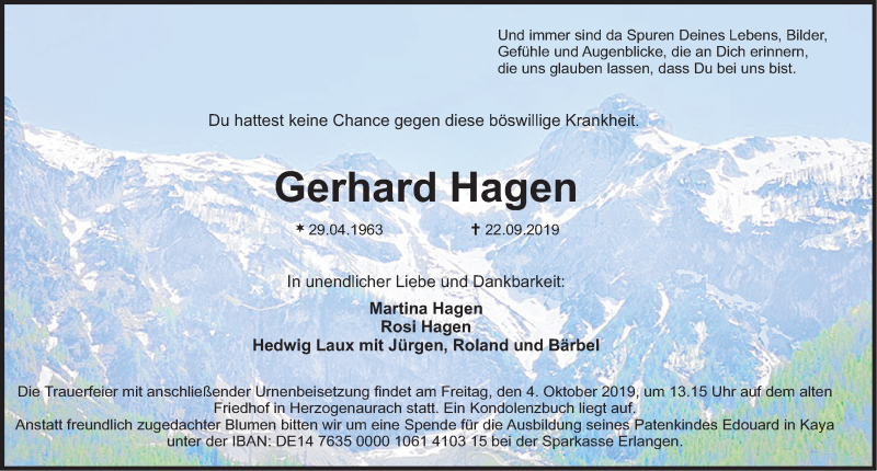  Traueranzeige für Gerhard Hagen vom 28.09.2019 aus Nordbayerische Nachrichten Herzogenaurach Lokal