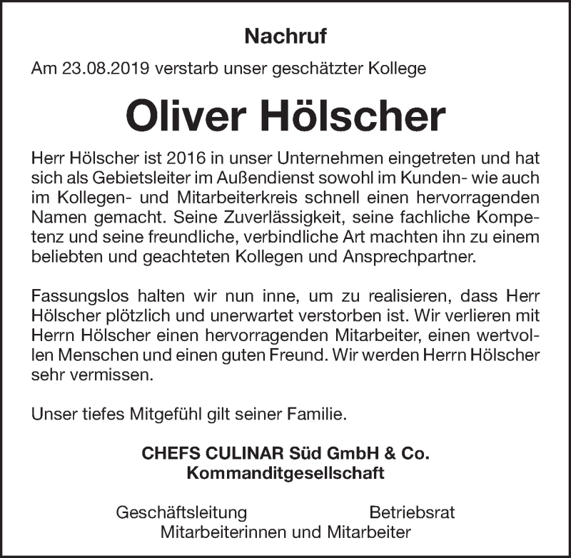  Traueranzeige für Oliver Hölscher vom 05.09.2019 aus Erlanger Nachrichten Lokal