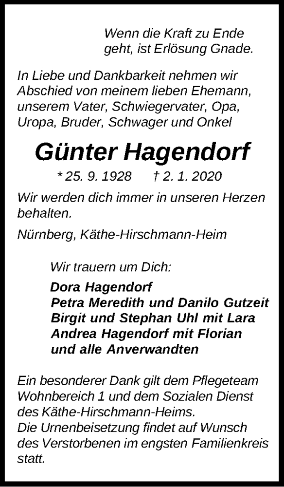  Traueranzeige für Günter Hagendorf vom 08.01.2020 aus Gesamtausgabe Nürnberger Nachrichten/ Nürnberger Ztg.