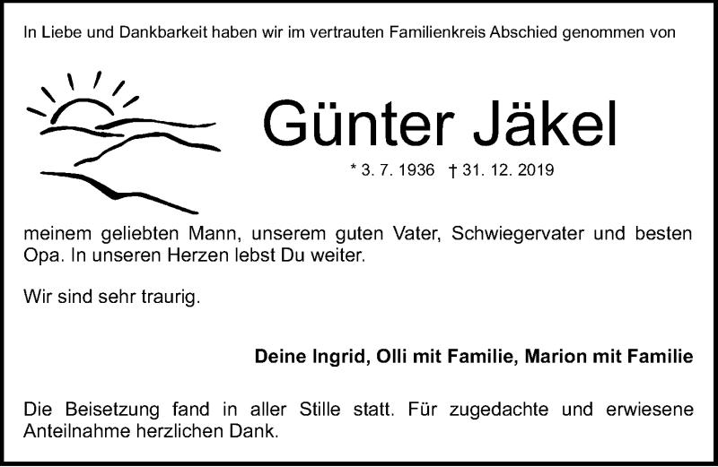 Traueranzeige für Günter Jäkel vom 28.01.2020 aus Gesamtausgabe Nürnberger Nachrichten/ Nürnberger Ztg.