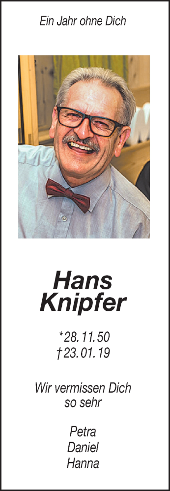  Traueranzeige für Hans Knipfer vom 23.01.2020 aus Neumarkter Nachrichten Lokal