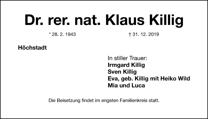  Traueranzeige für Klaus Killig vom 04.01.2020 aus Nordbayerische Nachrichten Herzogenaurach Lokal