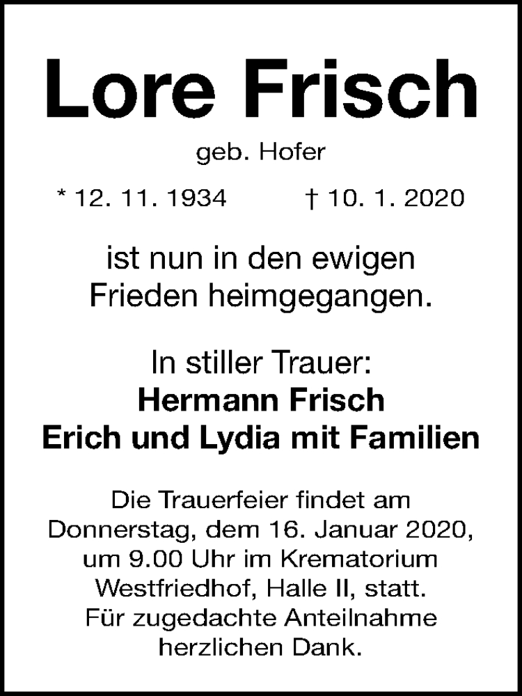  Traueranzeige für Lore Frisch vom 11.01.2020 aus Gesamtausgabe Nürnberger Nachrichten/ Nürnberger Ztg.