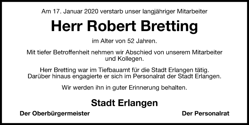  Traueranzeige für Robert Bretting vom 25.01.2020 aus Erlanger Nachrichten Lokal