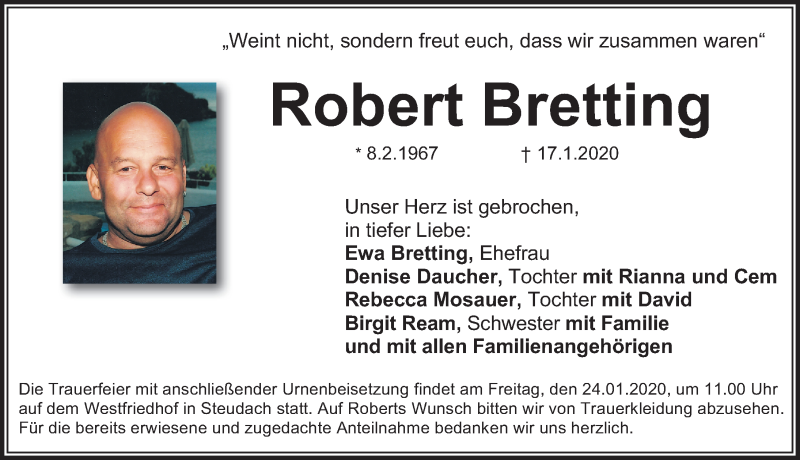  Traueranzeige für Robert Bretting vom 21.01.2020 aus Erlanger Nachrichten Lokal
