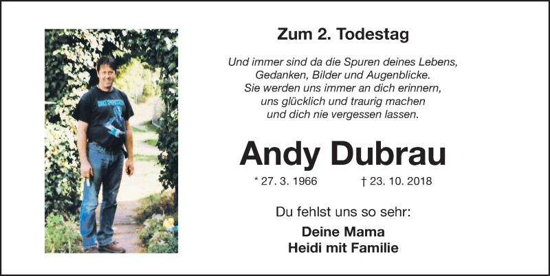  Traueranzeige für Andy Dubrau vom 23.10.2020 aus Fürther Nachrichten Lokal