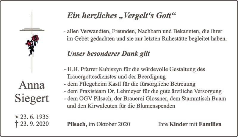  Traueranzeige für Anna Siegert vom 17.10.2020 aus Neumarkter Nachrichten Lokal