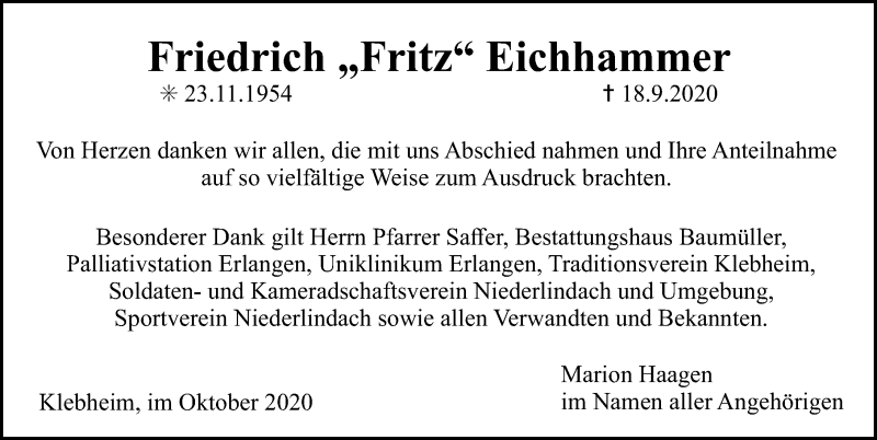  Traueranzeige für Friedrich Eichhammer vom 24.10.2020 aus Nordbayerische Nachrichten Herzogenaurach Lokal