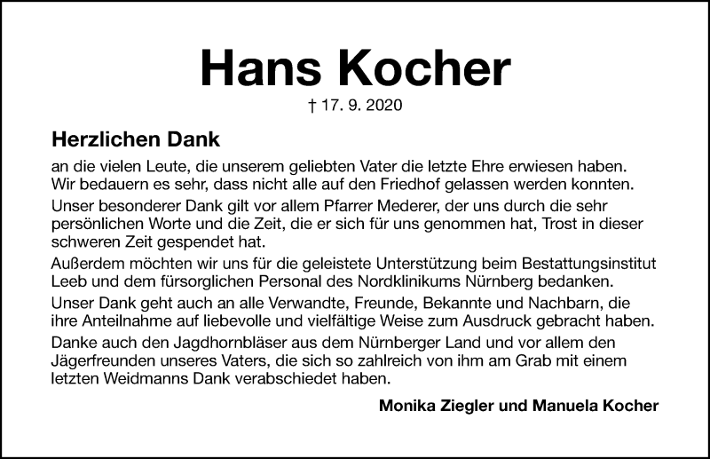  Traueranzeige für Hans Kocher vom 06.10.2020 aus Roth-Hilpoltsteiner Volkszeitung Lokal