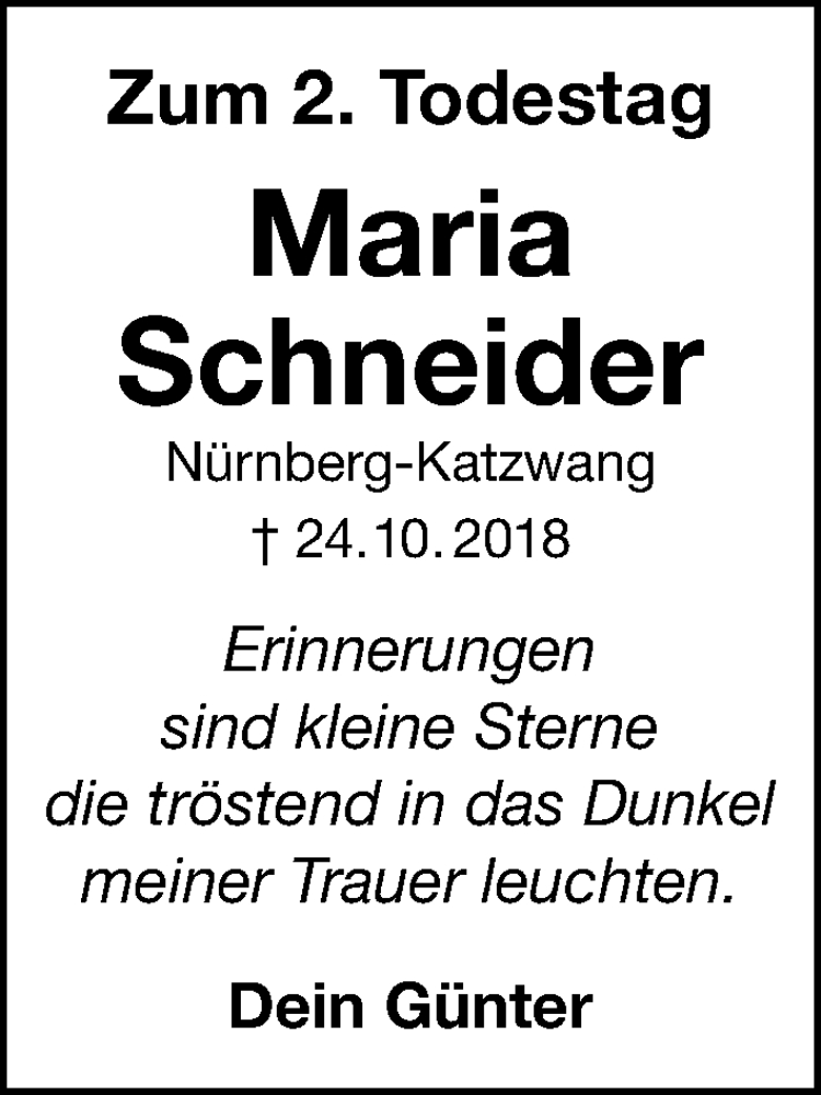  Traueranzeige für Maria Schneider vom 24.10.2020 aus Schwabacher Tagblatt Lokal