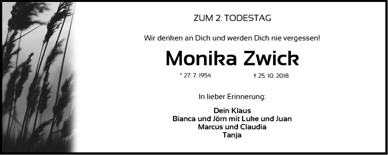  Traueranzeige für Monika Zwick vom 24.10.2020 aus Gesamtausgabe Nürnberger Nachrichten/ Nürnberger Ztg./ Fürther Nachrichten