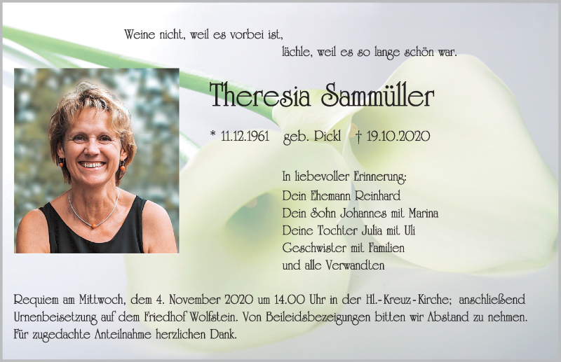  Traueranzeige für Theresia Sammüller vom 30.10.2020 aus Neumarkter Nachrichten Lokal