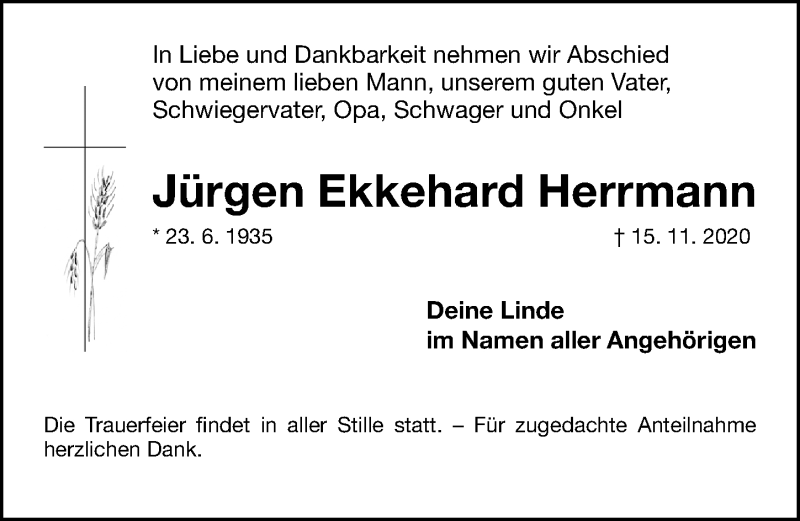  Traueranzeige für Jürgen Ekkehard Herrmann vom 21.11.2020 aus Fürther Nachrichten Lokal