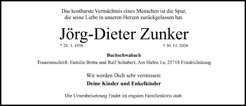  Traueranzeige für Jörg-Dieter Zunker vom 11.12.2020 aus Fürther Nachrichten Lokal