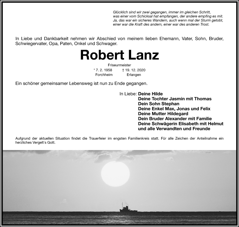  Traueranzeige für Robert Lanz vom 22.12.2020 aus Nordbayerische Nachrichten Forchheim Lokal