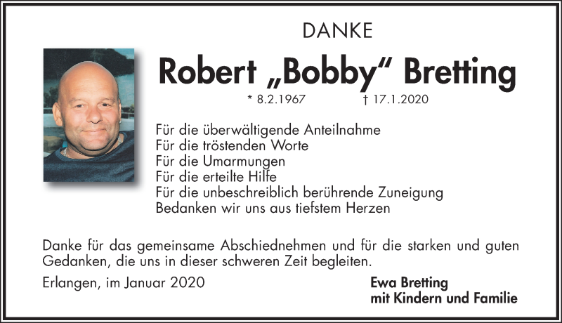  Traueranzeige für Robert Bretting vom 01.02.2020 aus Erlanger Nachrichten Lokal