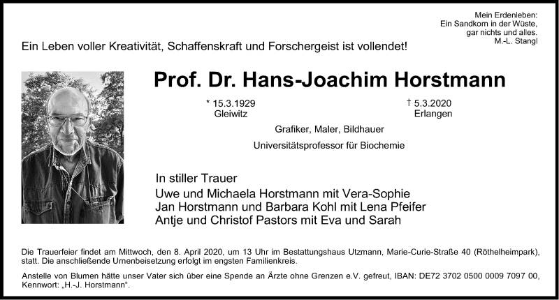  Traueranzeige für Hans-Joachim Horstmann vom 14.03.2020 aus Erlanger Nachrichten Lokal