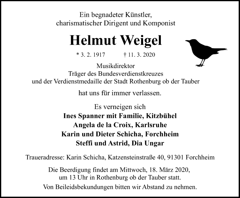  Traueranzeige für Helmut Weigel vom 14.03.2020 aus Gesamtausgabe Nürnberger Nachrichten/ Nürnberger Ztg.