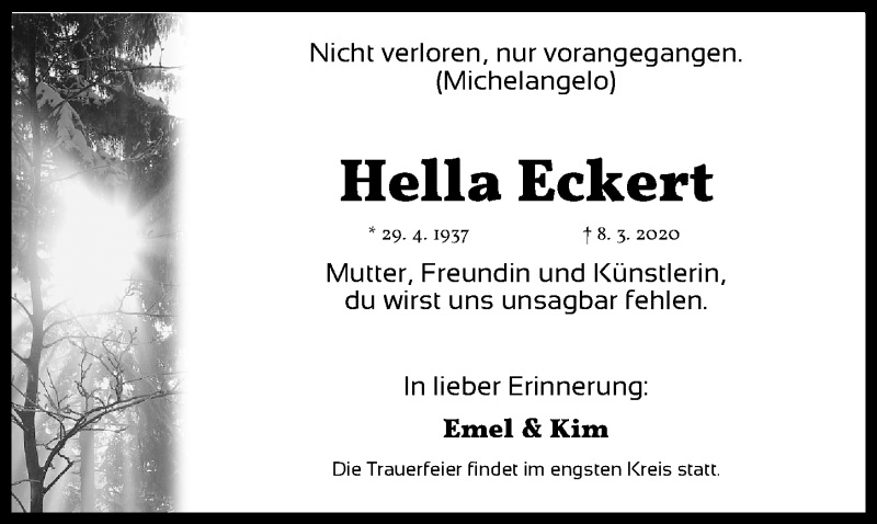  Traueranzeige für Hella Eckert vom 01.05.2020 aus Gesamtausgabe Nürnberger Nachrichten/ Nürnberger Ztg.