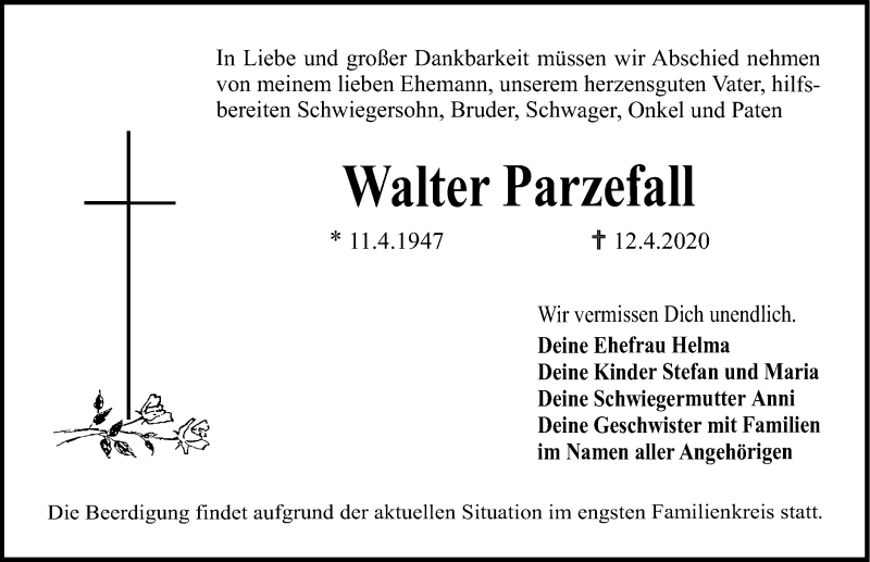  Traueranzeige für Walter Parzefall vom 15.04.2020 aus Erlanger Nachrichten Lokal