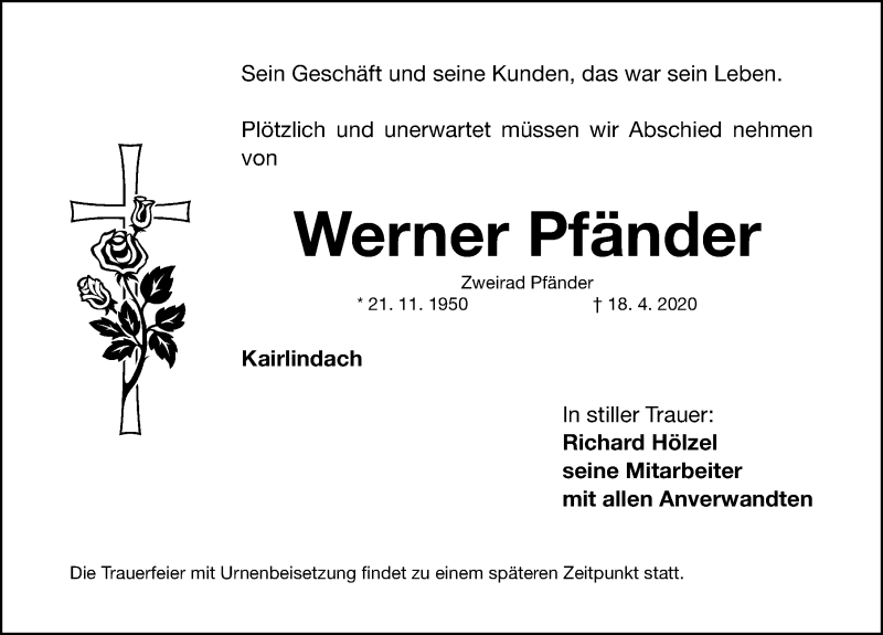  Traueranzeige für Werner Pfänder vom 24.04.2020 aus Erlanger Nachrichten/ Nordbayer. Nachrichten Herzogenaurach