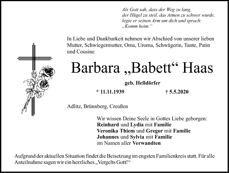  Traueranzeige für Barbara Haas vom 08.05.2020 aus Nordbayerische Nachrichten Forchheim Lokal