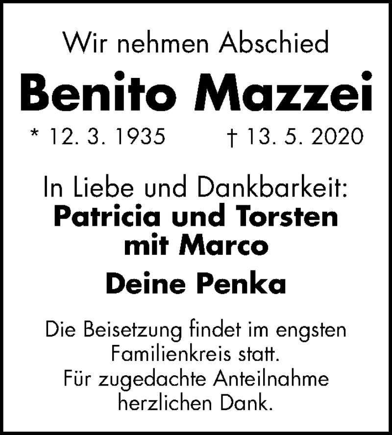  Traueranzeige für Benito Mazzei vom 16.05.2020 aus Gesamtausgabe Nürnberger Nachrichten/ Nürnberger Ztg.