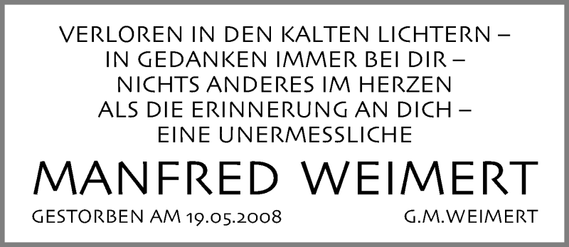  Traueranzeige für Manfred Weimert vom 19.05.2020 aus Gesamtausgabe Nürnberger Nachrichten/ Nürnberger Ztg.