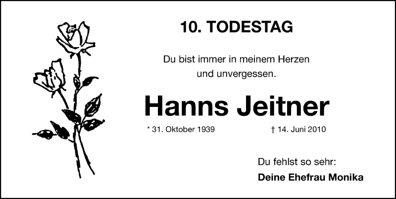  Traueranzeige für Hanns Jeitner vom 13.06.2020 aus Gesamtausgabe Nürnberger Nachrichten/ Nürnberger Ztg.