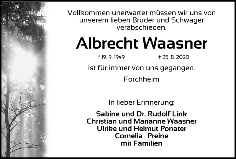  Traueranzeige für Albrecht Waasner vom 29.08.2020 aus Nordbayerische Nachrichten Forchheim Lokal