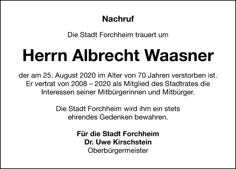  Traueranzeige für Albrecht Waasner vom 28.08.2020 aus Nordbayerische Nachrichten Forchheim Lokal