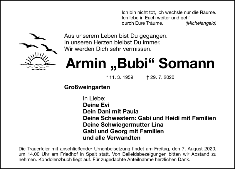  Traueranzeige für Armin Somann vom 05.08.2020 aus Roth-Hilpoltsteiner Volkszeitung Lokal