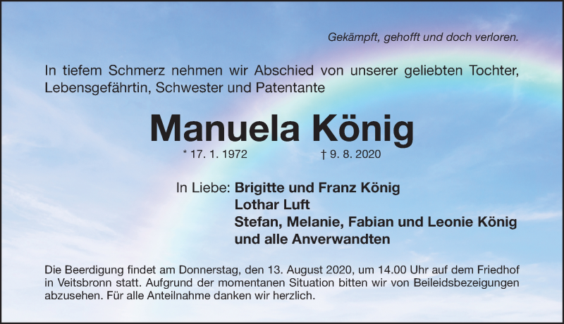  Traueranzeige für Manuela König vom 11.08.2020 aus Fürther Nachrichten Lokal