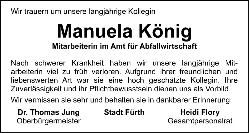  Traueranzeige für Manuela König vom 12.08.2020 aus Fürther Nachrichten Lokal