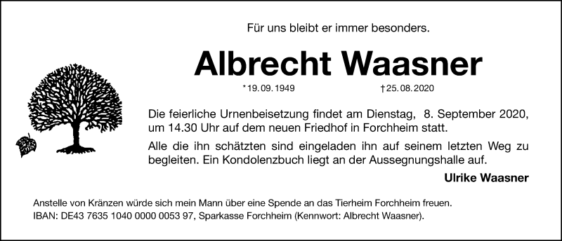  Traueranzeige für Albrecht Waasner vom 04.09.2020 aus Nordbayerische Nachrichten Forchheim Lokal