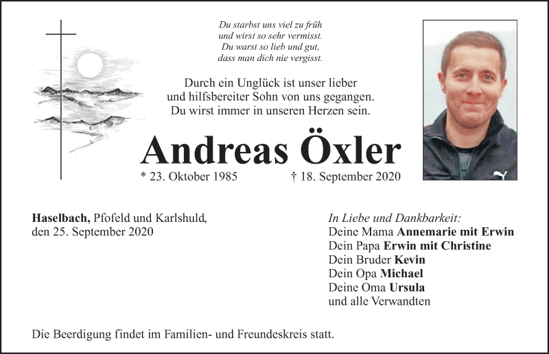  Traueranzeige für Andreas Öxler vom 25.09.2020 aus Altmühl-Bote Lokal