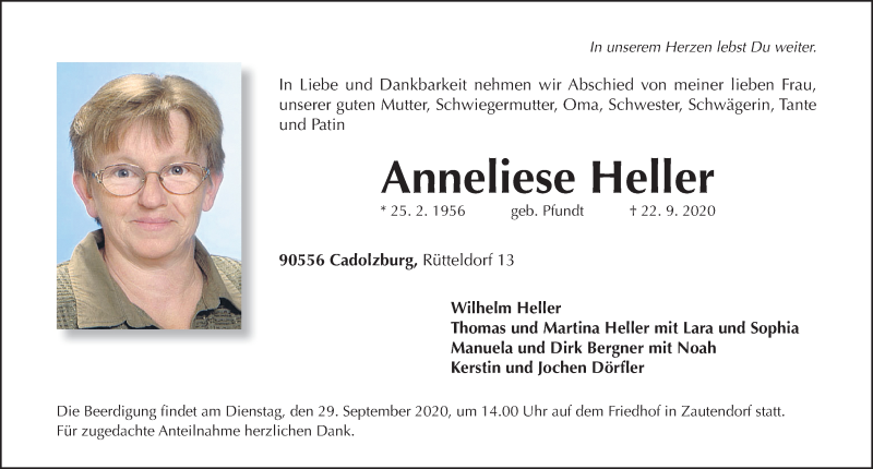  Traueranzeige für Anneliese Heller vom 26.09.2020 aus Fürther Nachrichten Lokal