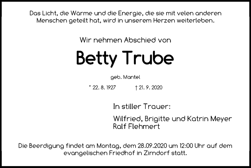  Traueranzeige für Betty Trube vom 25.09.2020 aus Fürther Nachrichten Lokal