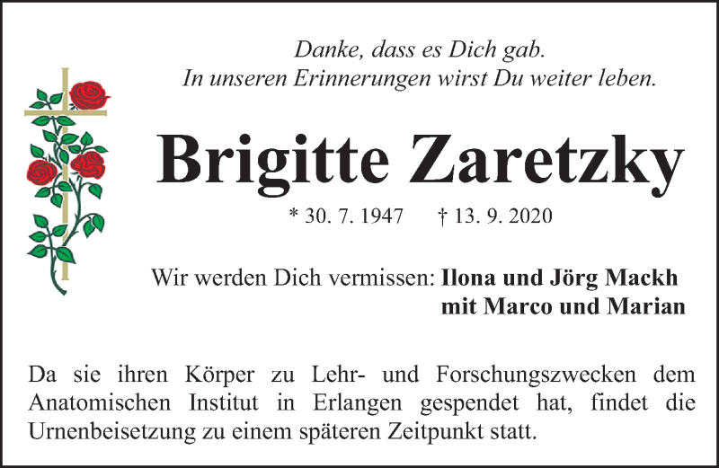  Traueranzeige für Brigitte Zaretzky vom 23.09.2020 aus Gesamtausgabe Nürnberger Nachrichten/ Nürnberger Ztg.