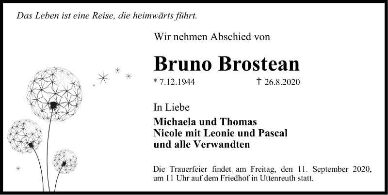  Traueranzeige für Bruno Brostean vom 05.09.2020 aus Erlanger Nachrichten/ Nordbayer. Nachrichten Forchheim