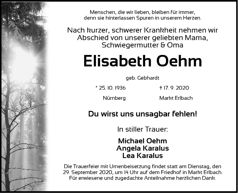  Traueranzeige für Elisabeth Oehm vom 23.09.2020 aus Gesamtausgabe Nürnberger Nachrichten/ Nürnberger Ztg.