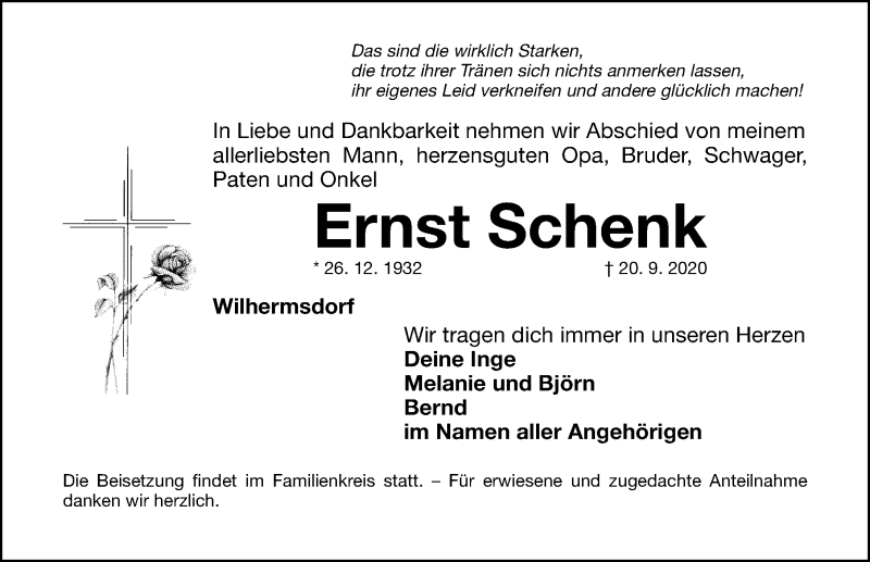  Traueranzeige für Ernst Schenk vom 23.09.2020 aus Fürther Nachrichten Lokal