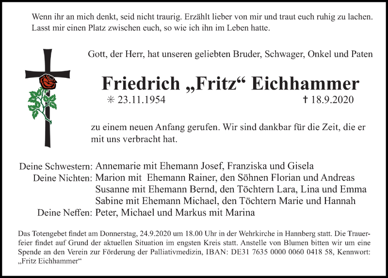  Traueranzeige für Friedrich Eichhammer vom 23.09.2020 aus Nordbayerische Nachrichten Herzogenaurach Lokal