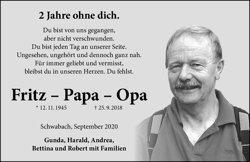  Traueranzeige für Fritz  vom 25.09.2020 aus Schwabach