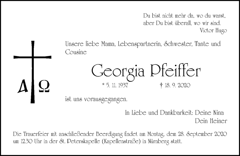  Traueranzeige für Georgia Pfeifer vom 23.09.2020 aus Gesamtausgabe Nürnberger Nachrichten/ Nürnberger Ztg.