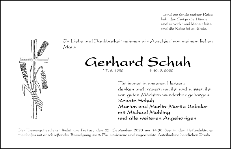  Traueranzeige für Gerhard Schuh vom 23.09.2020 aus Nordbayerische Nachrichten Herzogenaurach Lokal
