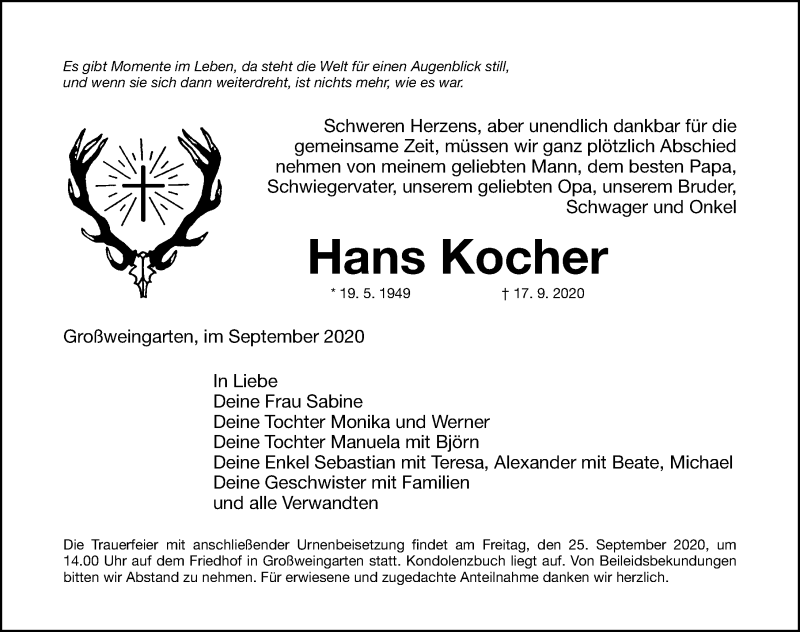  Traueranzeige für Hans Kocher vom 23.09.2020 aus Roth-Hilpoltsteiner Volkszeitung Lokal