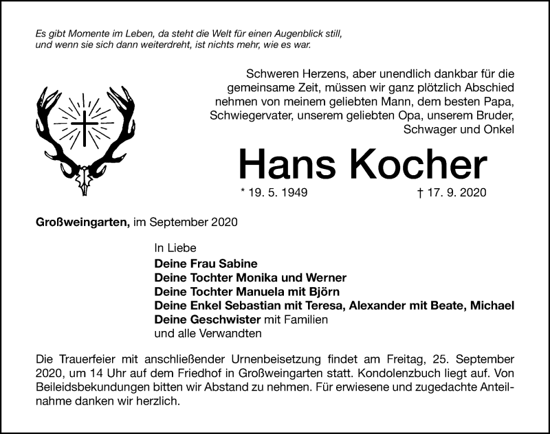  Traueranzeige für Hans Kocher vom 23.09.2020 aus Altmühl-Bote Lokal