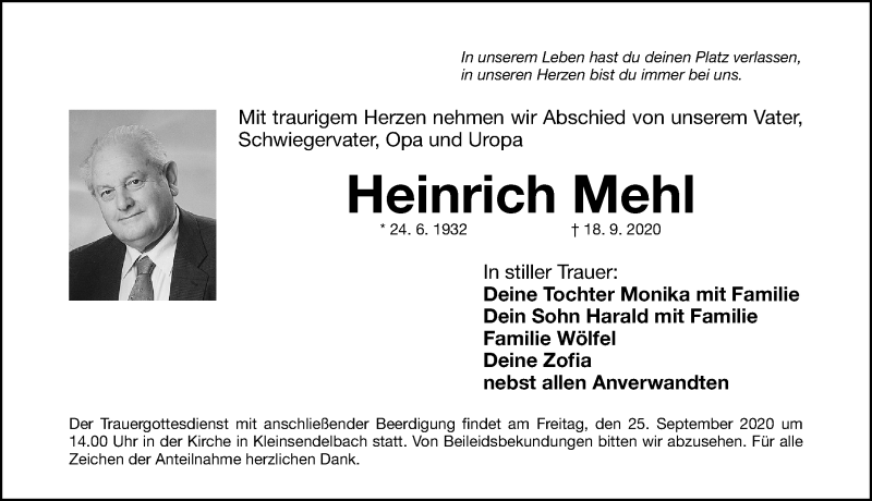  Traueranzeige für Heinrich Mehl vom 23.09.2020 aus Nordbayerische Nachrichten Forchheim Lokal