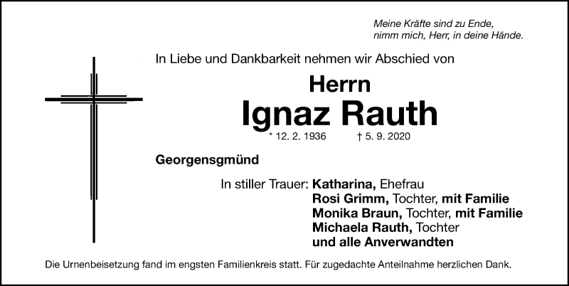  Traueranzeige für Ignaz Rauth vom 23.09.2020 aus Roth-Hilpoltsteiner Volkszeitung Lokal